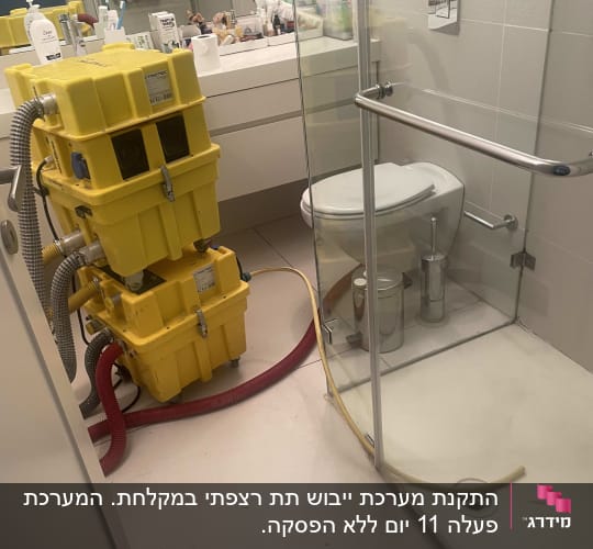 מכונת ייבוש צהובה בחדר אמבטיה עם מקלחת ושירותים